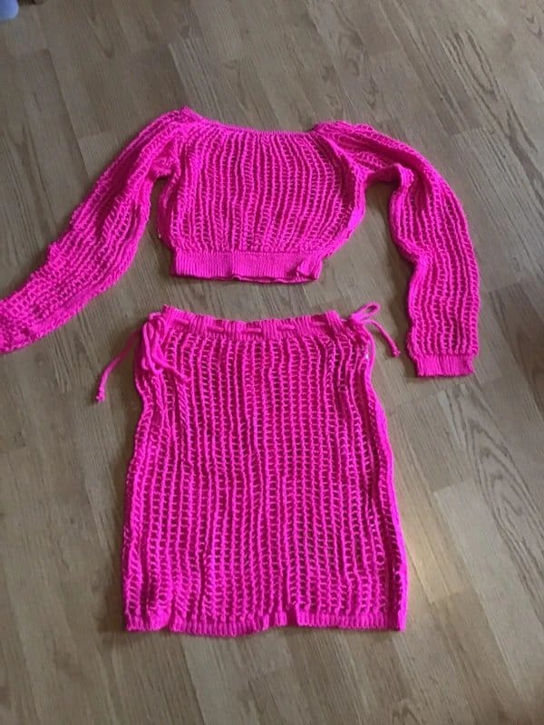 The Unbranded Brand Pink Crochet Knit Skirt and Top Co-ord Set