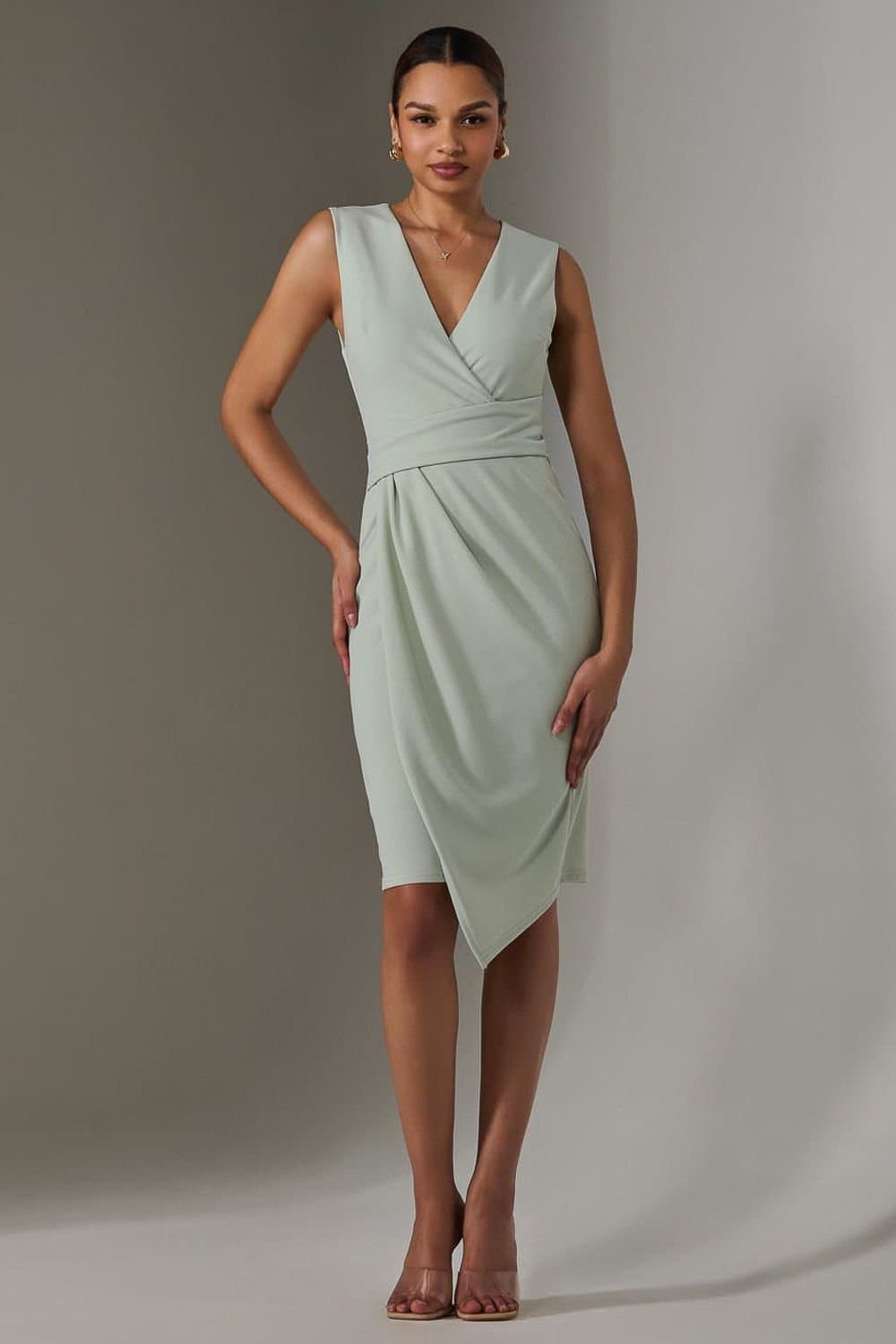 Jolie Moi Jolie Moi Women's Sleeveless Wrap Front Midi Dress in Light Green