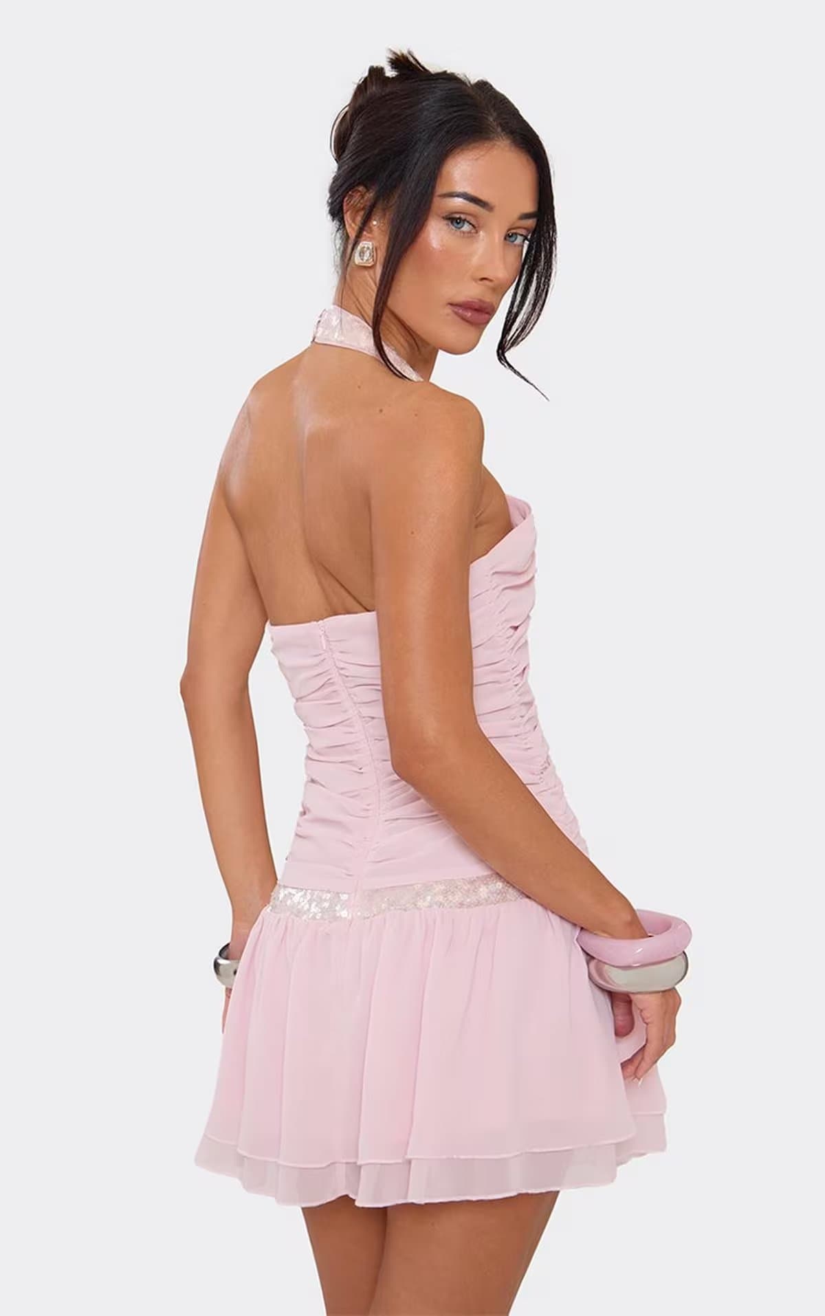EGO Plunge Halterneck Ruched Sequin Detail Mini Dress In Pink, Women's Size UK 6