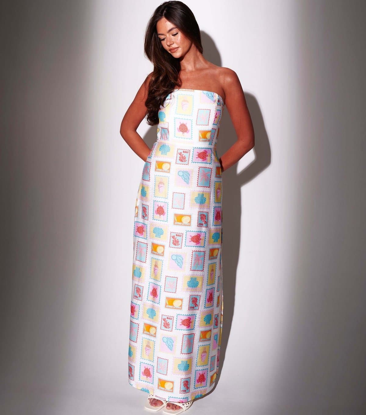 Unknown Women's South Beach Multicoloured Postcard Print Bandeau Maxi Dress  New Look