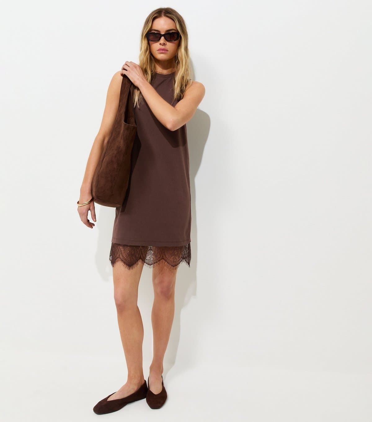 New Look Women's Dark Brown Cotton Sleeveless Lace Hem Mini T-Shirt Dress New Look
