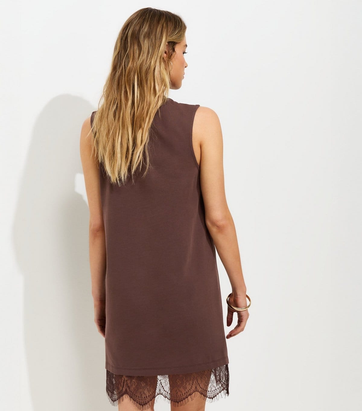 New Look Women's Dark Brown Cotton Sleeveless Lace Hem Mini T-Shirt Dress New Look - 4