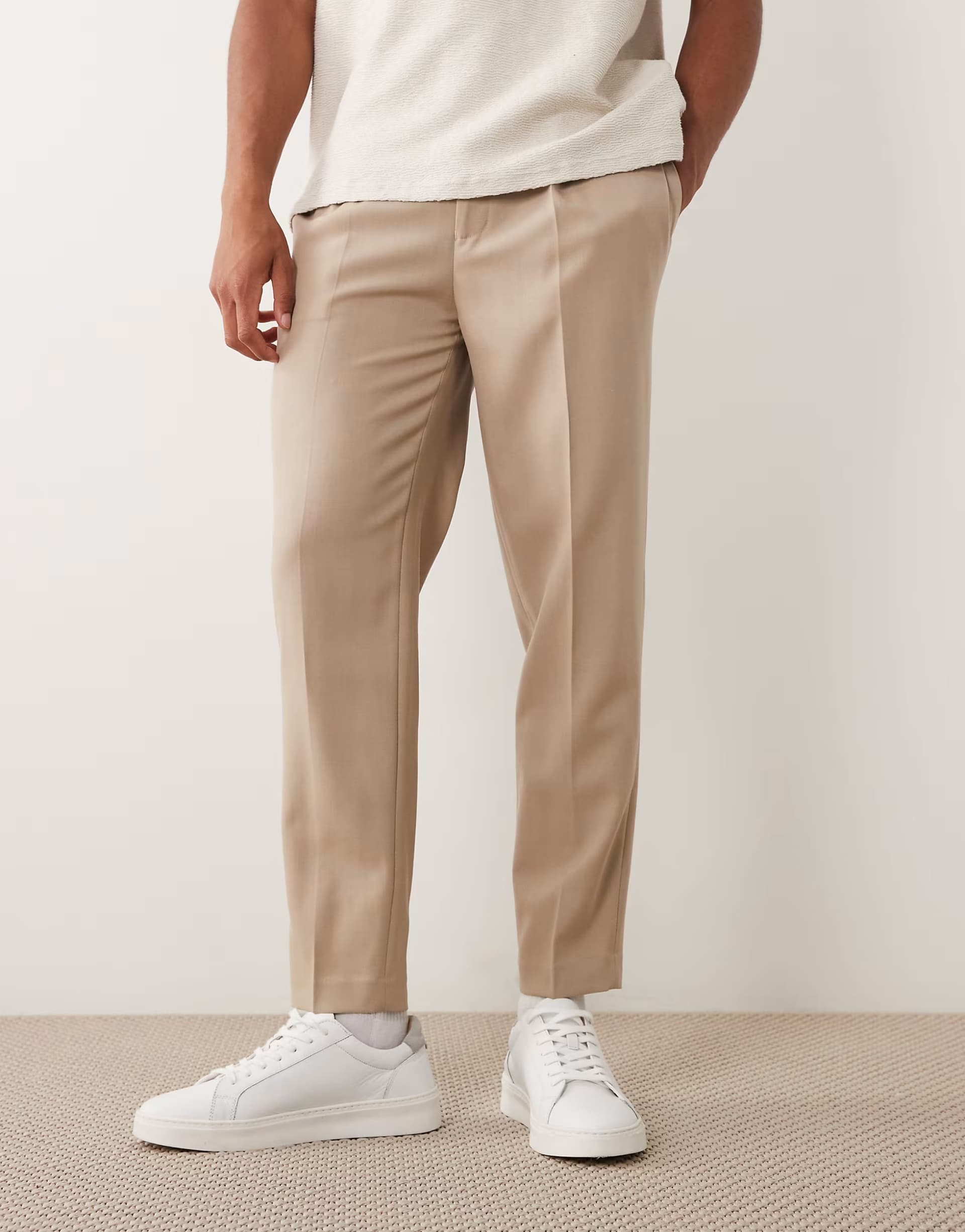 ASOS ASOS DESIGN premium 100% summer wool tailored tapered trousers in stone with side adjusters