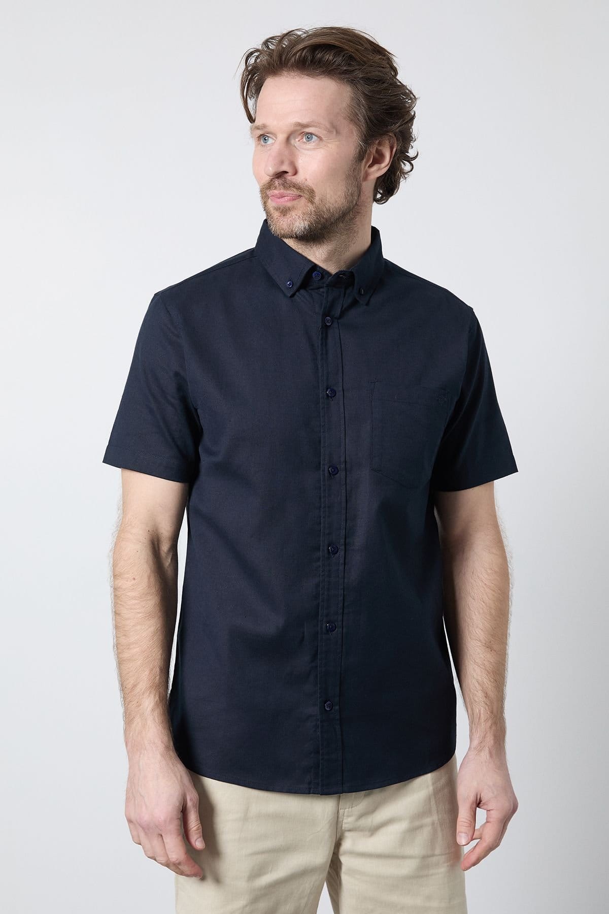 Maine Men's Navy Short Sleeve Linen Blend Shirt