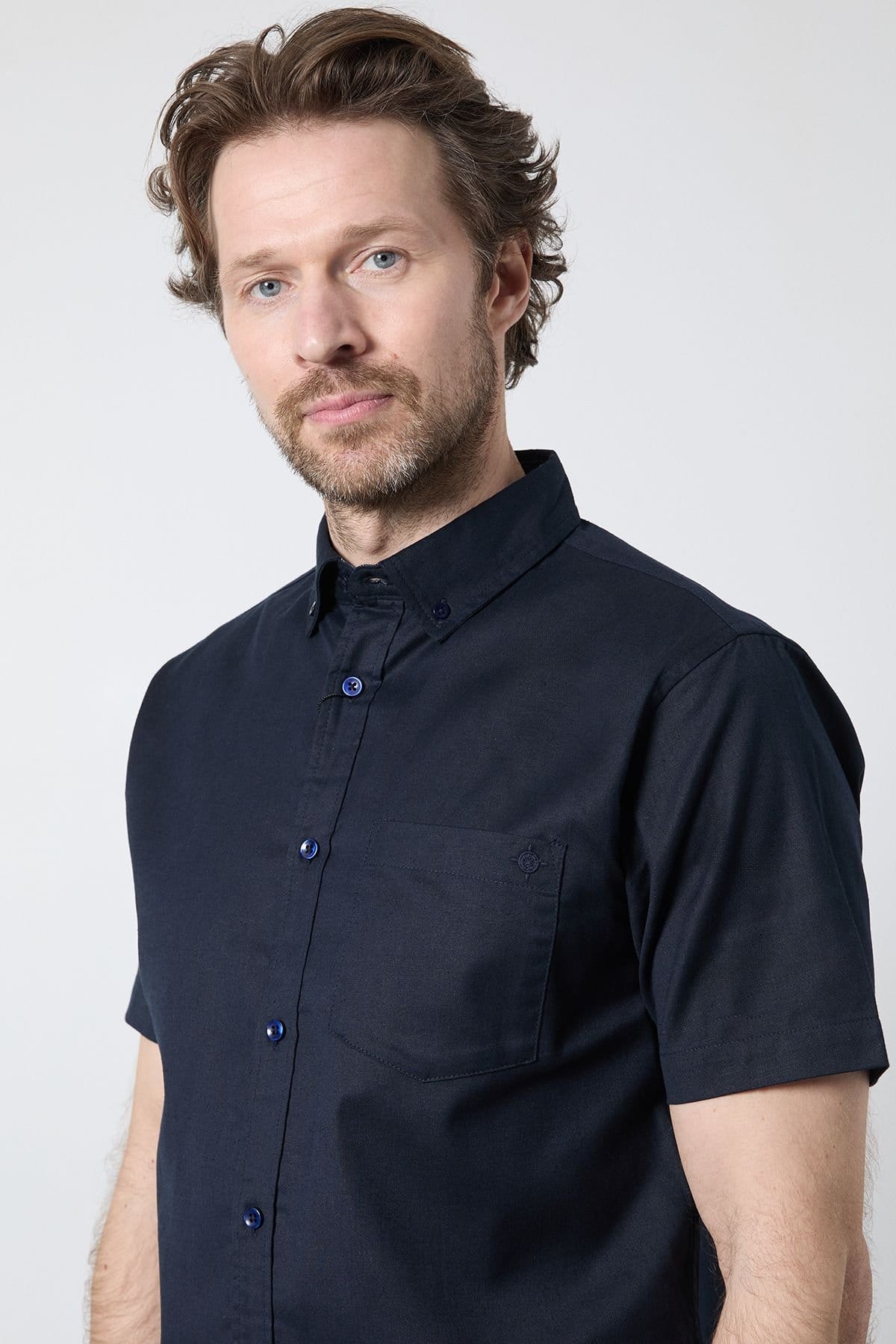 Maine Maine Men's Navy Short Sleeve Linen Blend Shirt - 4