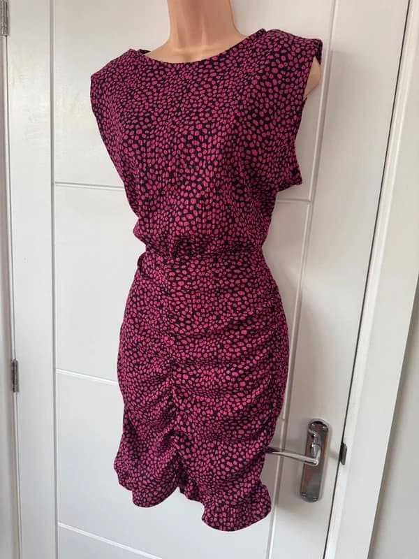 New Look New Look Black Pink Animal Spot Ruched Frill Mini Dress S UK 10 Women B44