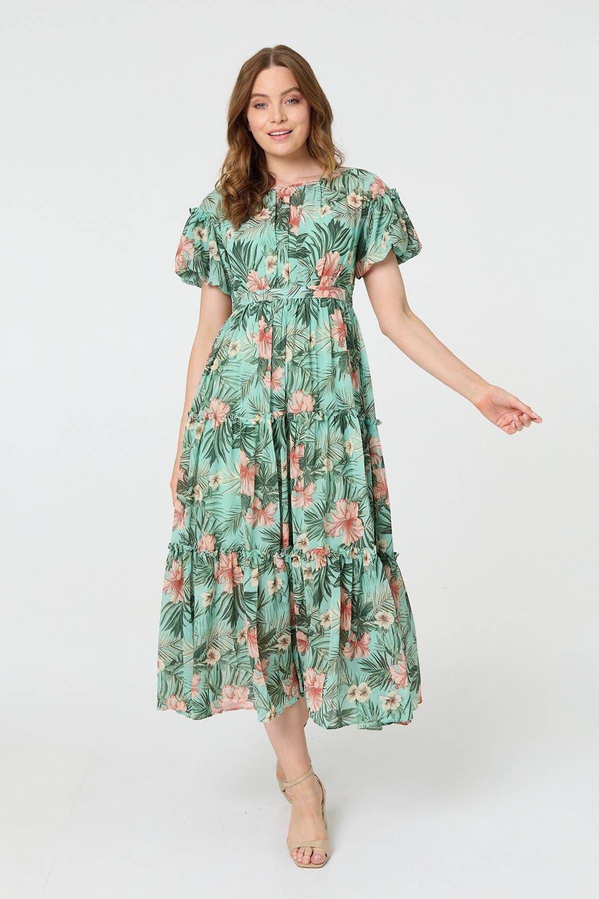 Izabel London Izabel London Women's Tropical Print Frill Tiered Midi Dress in Green
