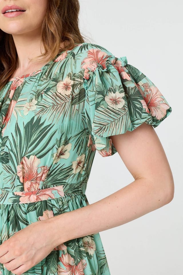 Izabel London Izabel London Women's Tropical Print Frill Tiered Midi Dress in Green - 2