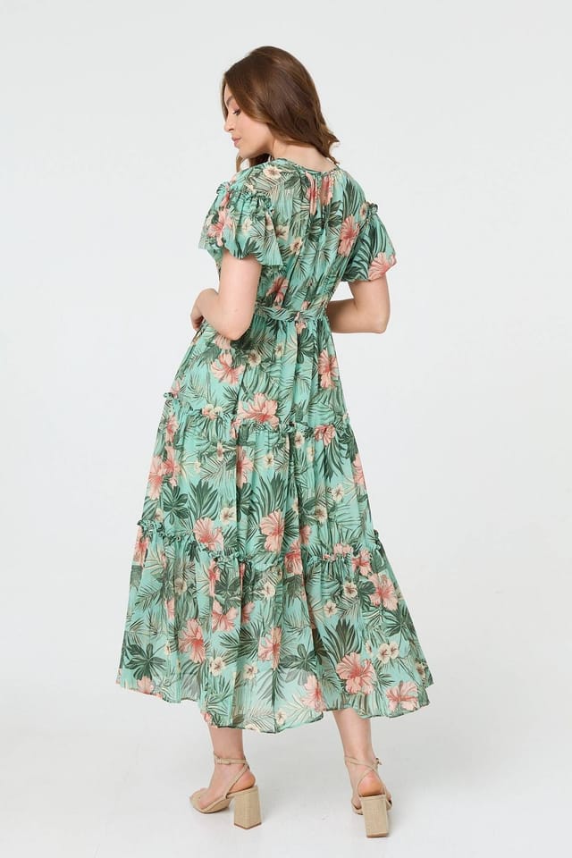 Izabel London Izabel London Women's Tropical Print Frill Tiered Midi Dress in Green - 3