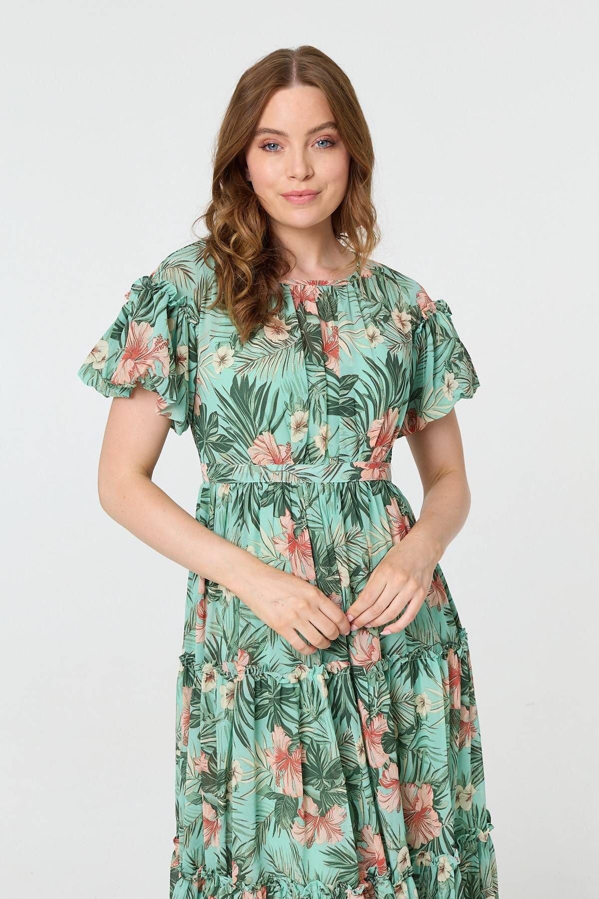 Izabel London Izabel London Women's Tropical Print Frill Tiered Midi Dress in Green - 4