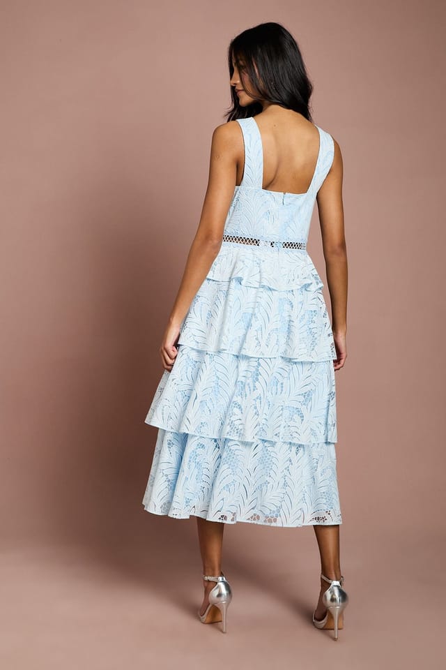 Coast Coast Women's Petite Tiered Lace Cross Halter Neck Button Detail Midi Dress in Light Blue - 3