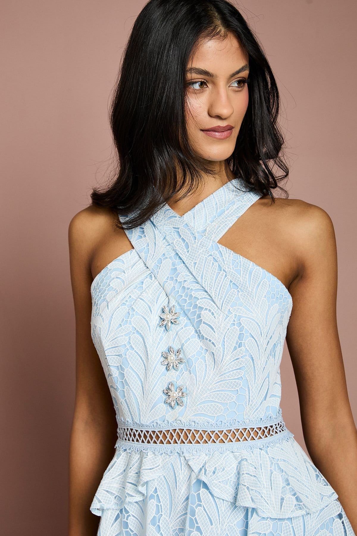 Coast Coast Women's Petite Tiered Lace Cross Halter Neck Button Detail Midi Dress in Light Blue - 4