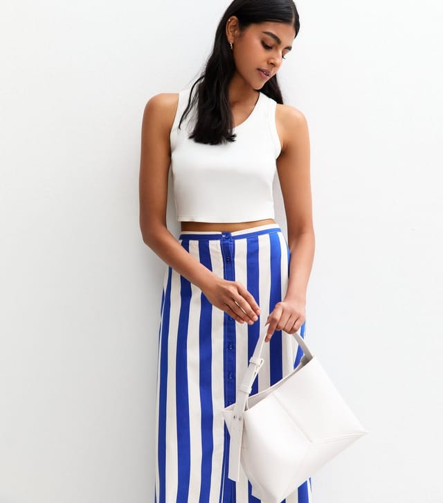New Look Women's Blue Stripe Print Poplin Button Front Midi Skirt New Look - 2