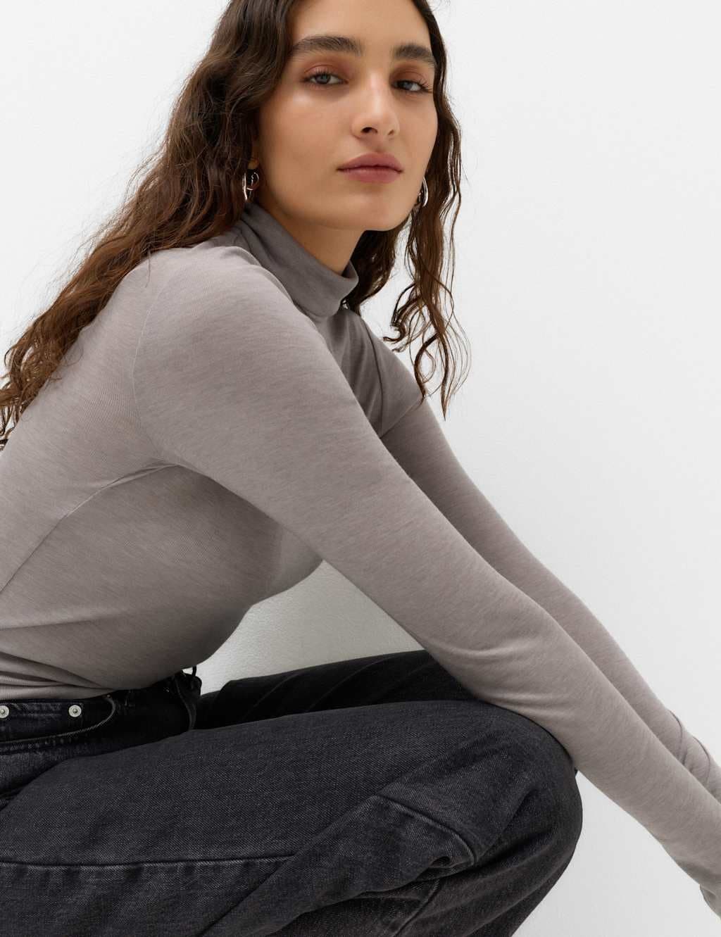 Marks & Spencer M&S Wool Touch Roll Neck Long Sleeve Top Grey