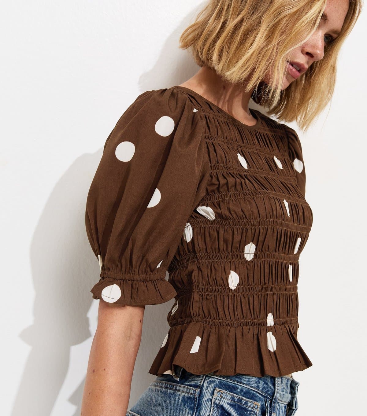 New Look Women's Brown Crepe Spot Print Shirred Top New Look