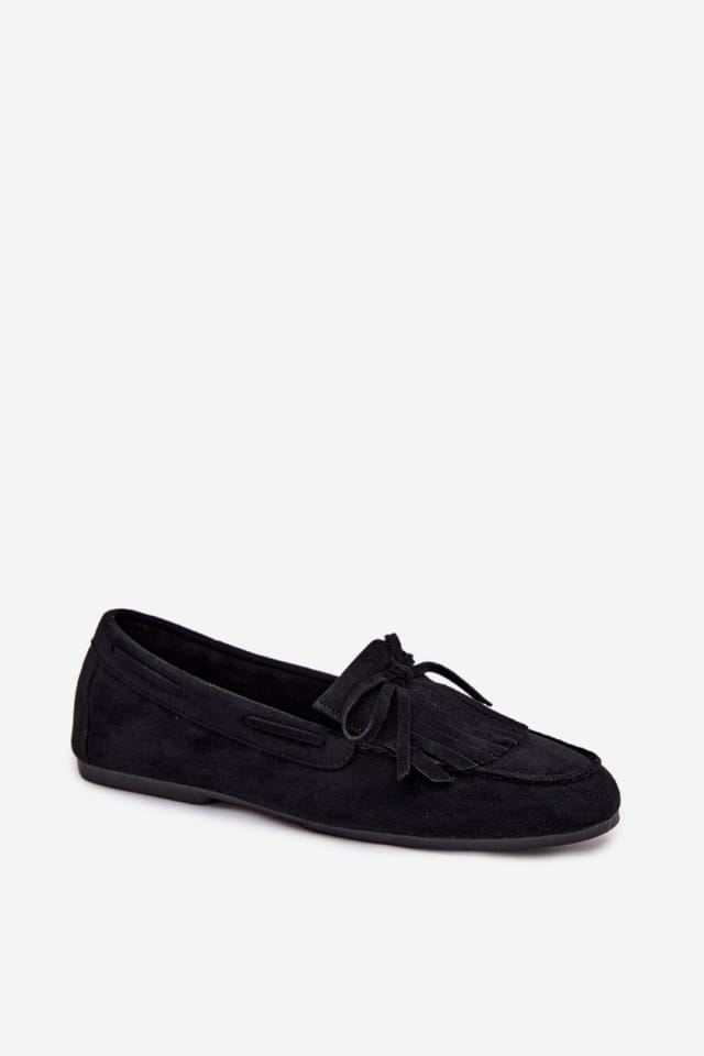 Love Lace Love Lace Women's Flat Suede Moccasins with Fringe & Bow Detail Shoes Slip On in Black - 2