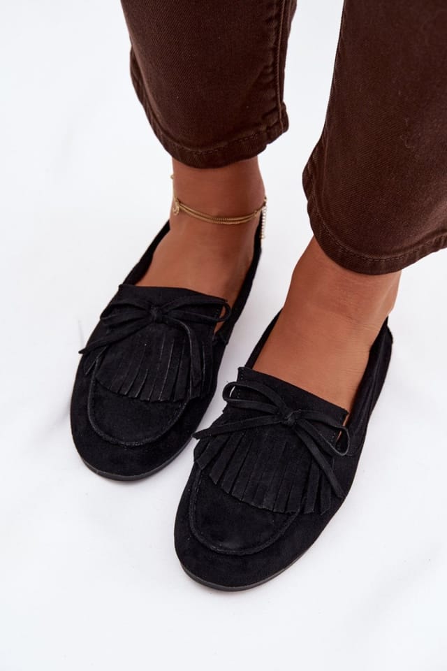 Love Lace Love Lace Women's Flat Suede Moccasins with Fringe & Bow Detail Shoes Slip On in Black - 3