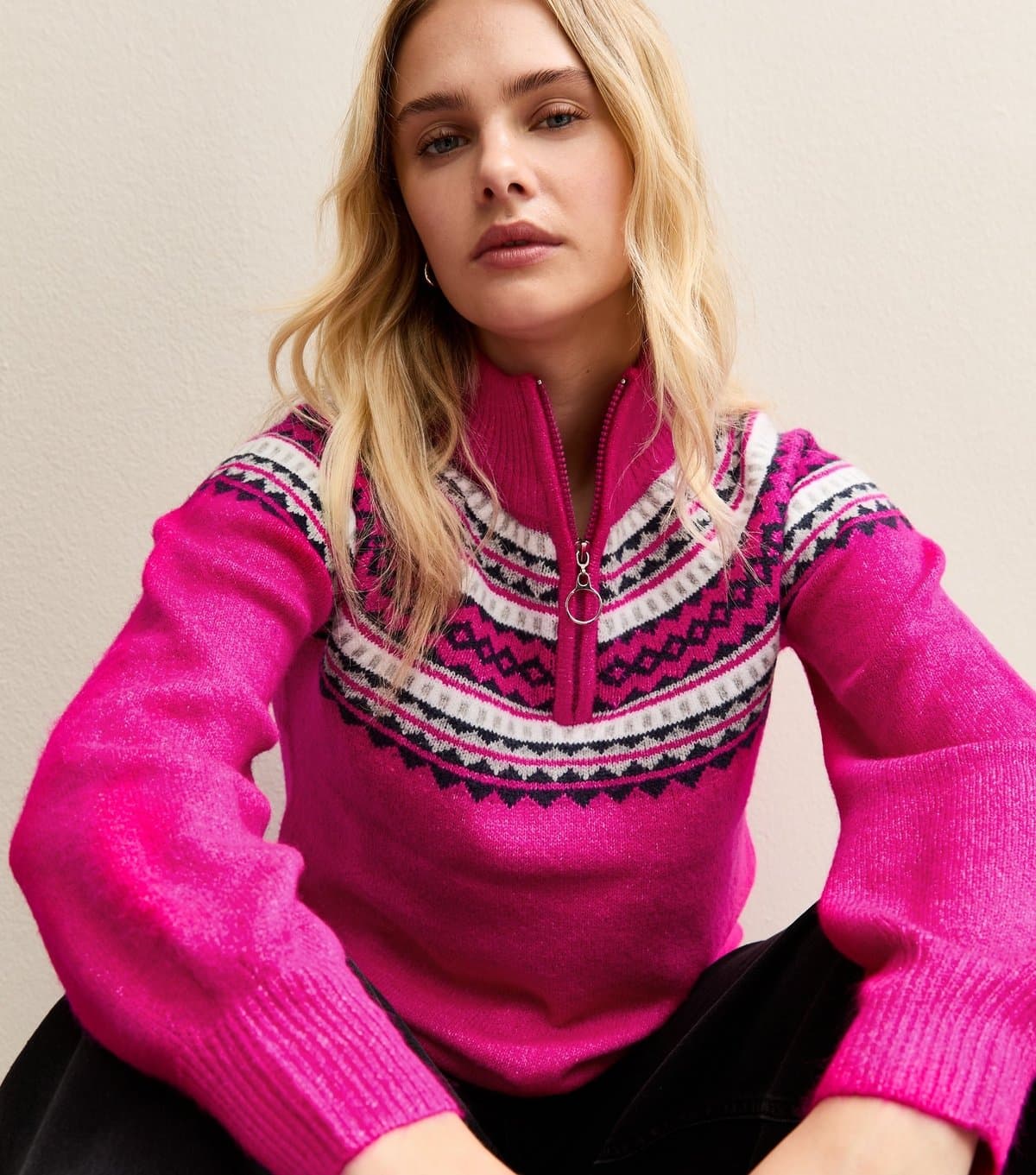 Sunshine Soul Women's Bright Pink Fair Isle Quarter Zip Jumper Sunshine Soul New Look