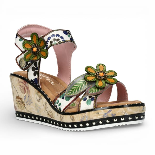 laura vita Laura Vita Women's Floral Leather Wedge Espadrille Sandals - Ballon 08 - 2