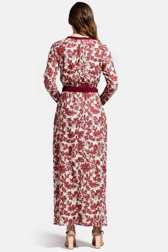 Hot Squash Hot Squash Women's Long Sleeve Maxi Dress with Neck Tie in Burgundy - 2