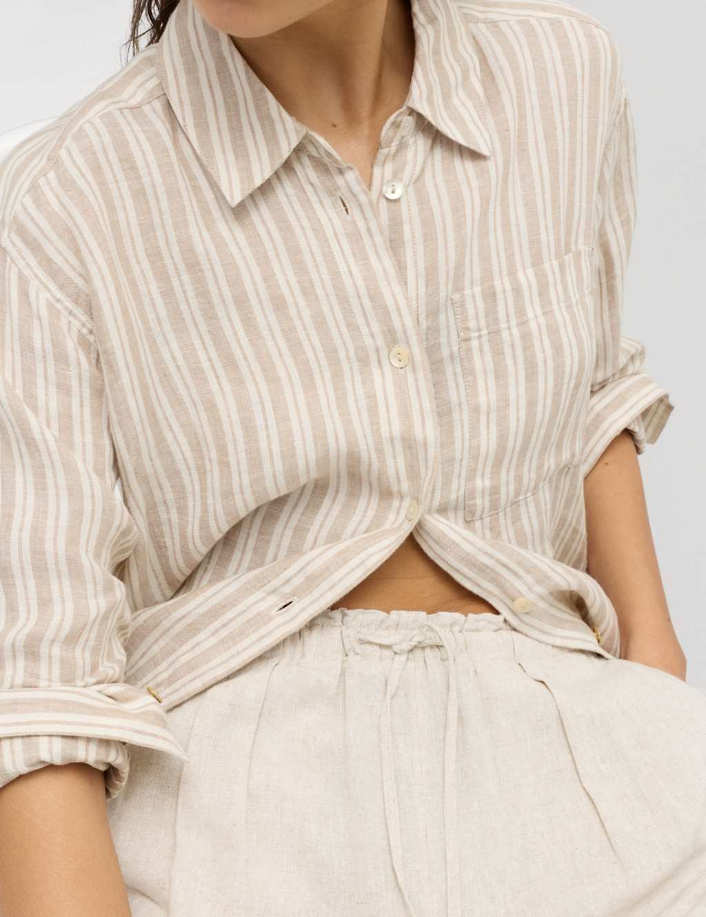 Marks & Spencer M&S Linen Rich Elasticated Waist Tapered Trousers Oatmeal - 2