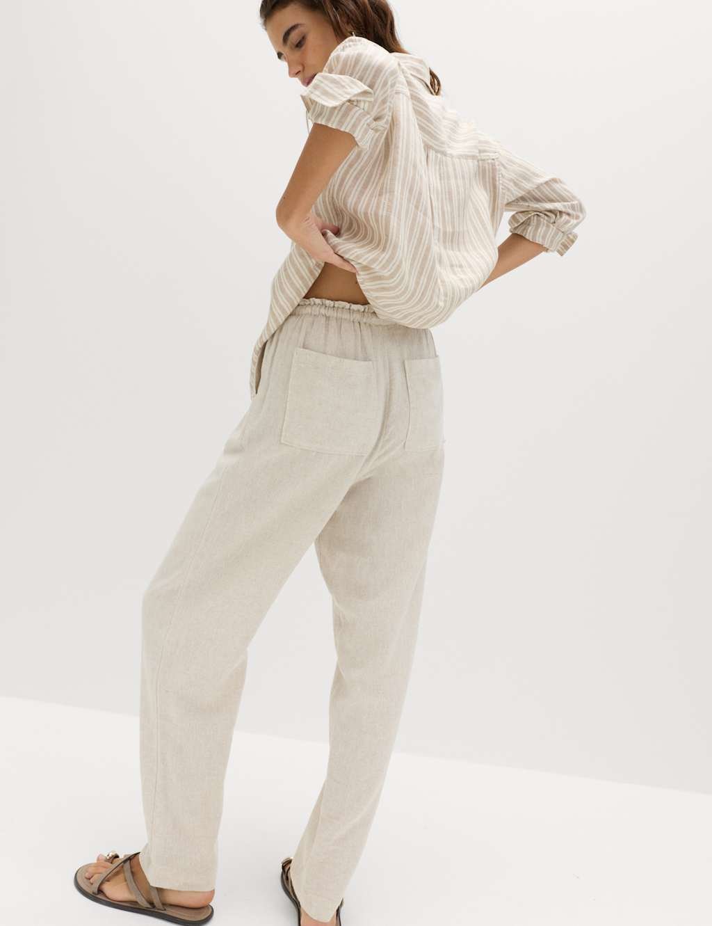 Marks & Spencer M&S Linen Rich Elasticated Waist Tapered Trousers Oatmeal - 3