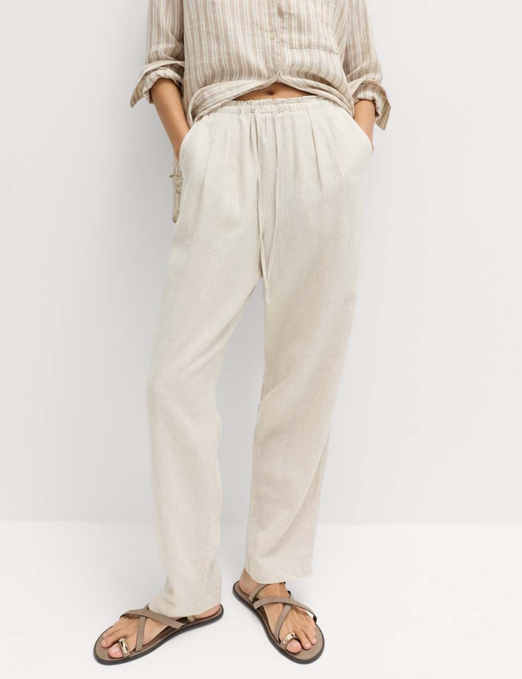 Marks & Spencer M&S Linen Rich Elasticated Waist Tapered Trousers Oatmeal - 4