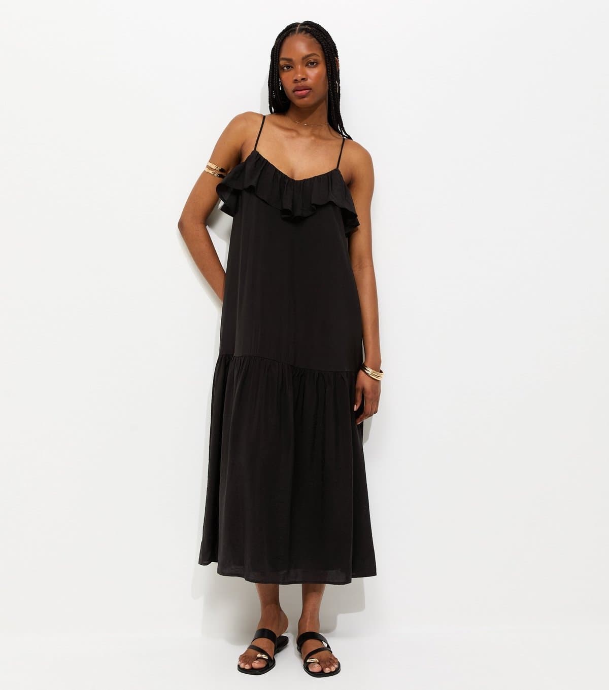 New Look Women's Black Ruffle Trim Cami Midi Dress New Look