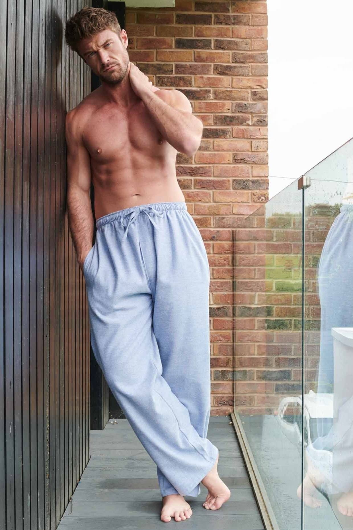 British Boxers British Boxers Men's "Staffordshire Blue" Herringbone Brushed Cotton Pyjama Trousers in Light Blue
