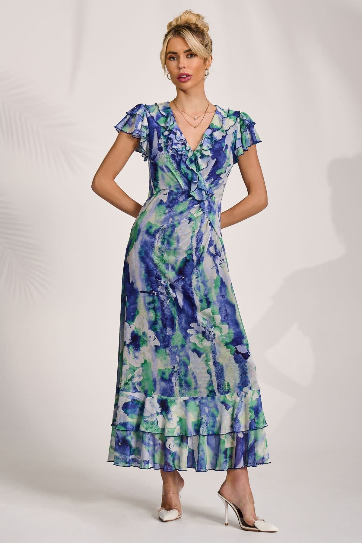 Jolie Moi Jolie Moi Women's Ruffle V-Neck Mesh Maxi Dress