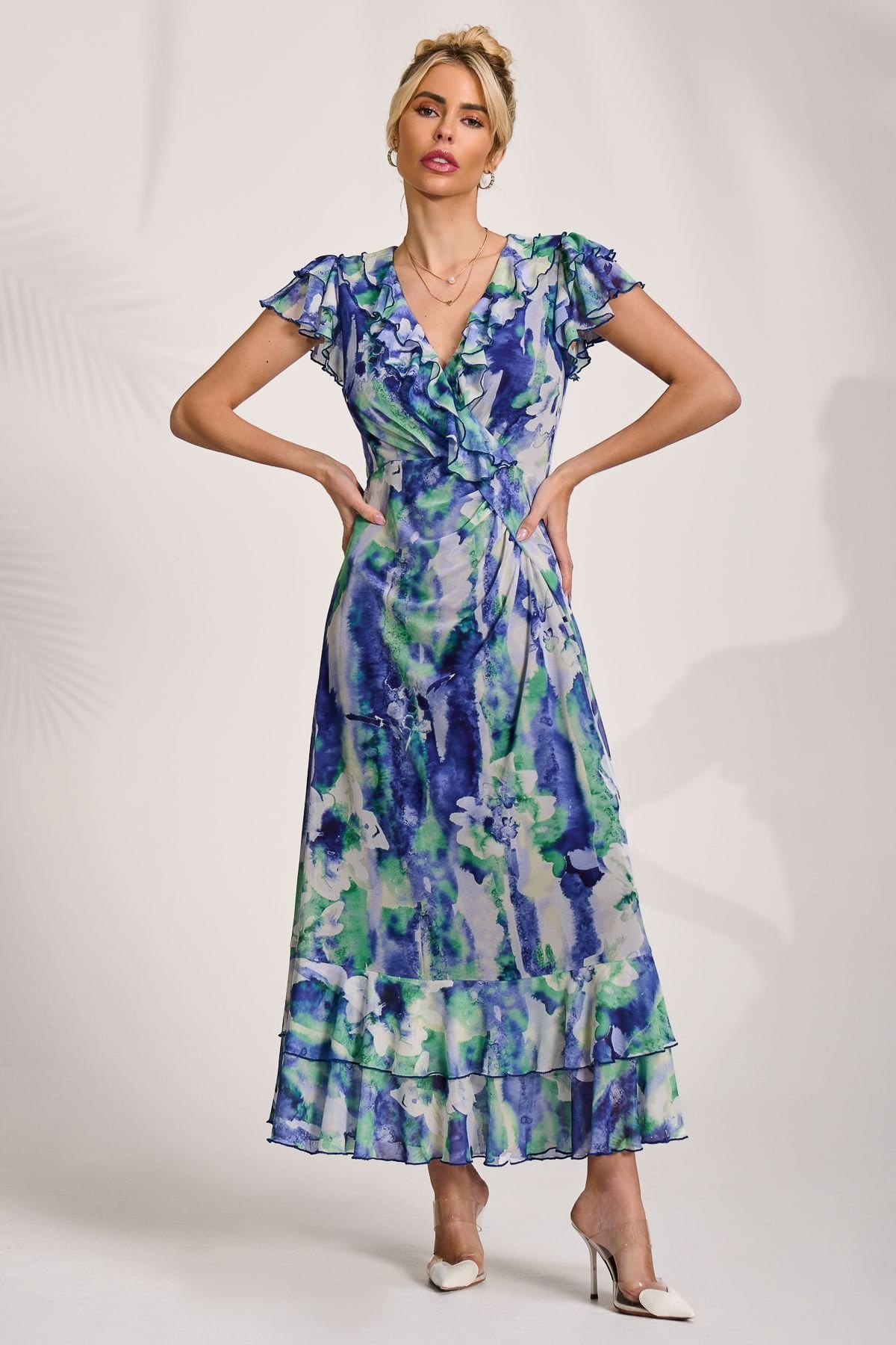 Jolie Moi Jolie Moi Women's Ruffle V-Neck Mesh Maxi Dress - 4