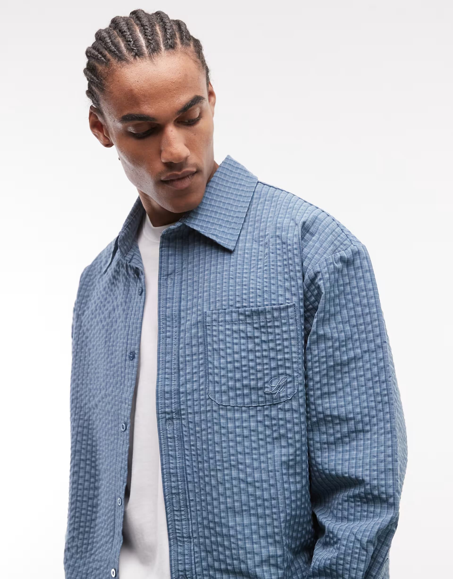 ASOS Liquor N Poker boxy shirt in blue micro check