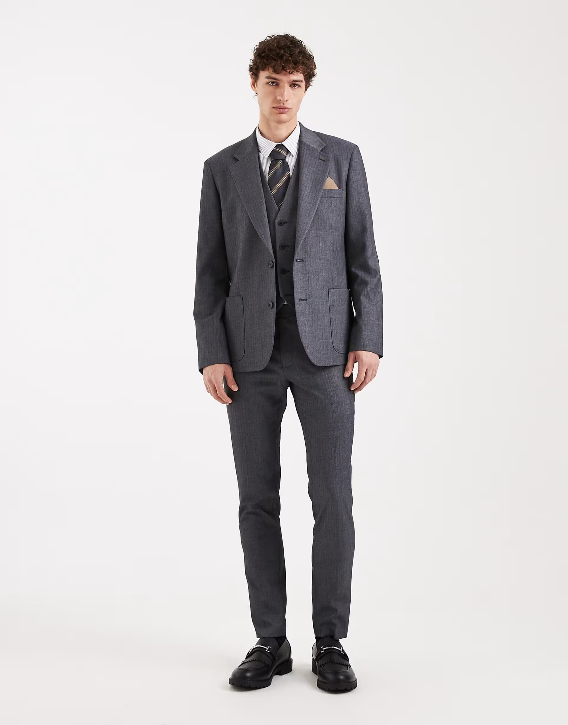 ASOS ASOS DESIGN skinny suit trousers in navy wool look herringbone