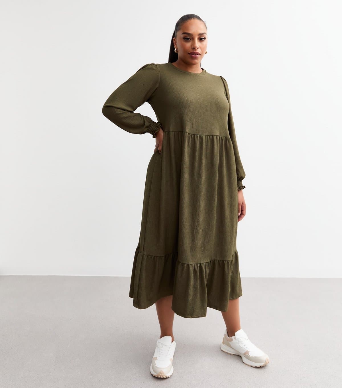 New Look Women's Plus Size Khaki Crinkled Midi Smock Dress Curves New Look