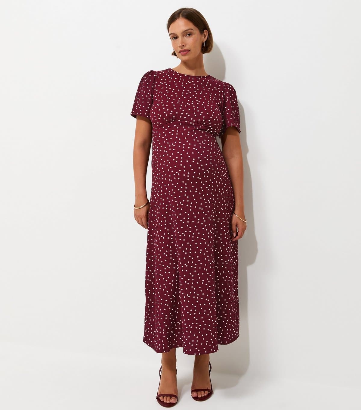 New Look Women's Maternity Red Spot Print Crinkle Texture Midi Dress New Look