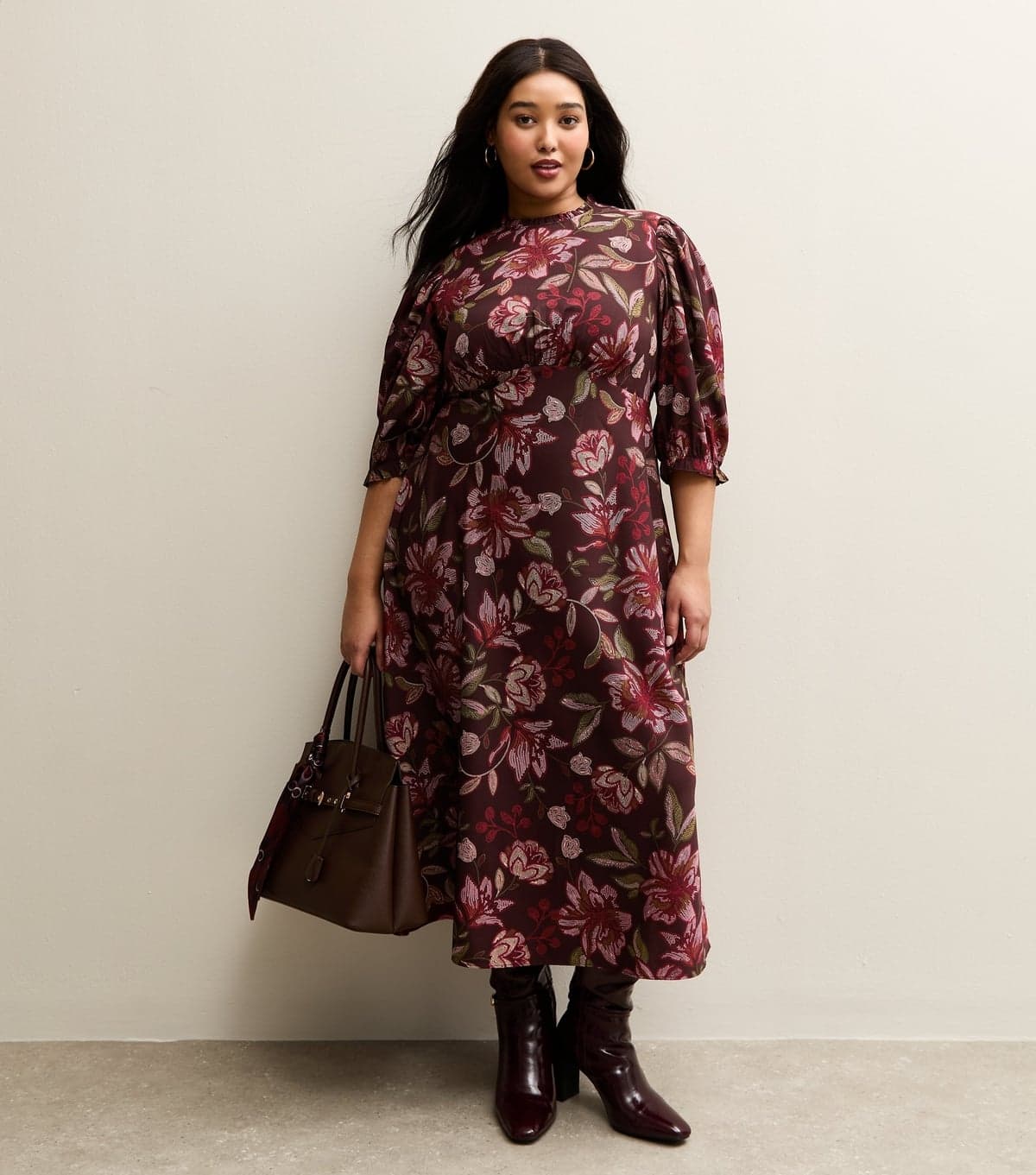 New Look Women's Plus Size Burgundy Floral Cropped Sleeve Midi Dress Curves New Look