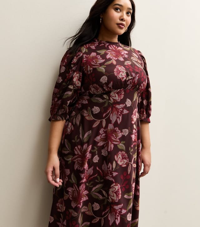 New Look Women's Plus Size Burgundy Floral Cropped Sleeve Midi Dress Curves New Look - 3