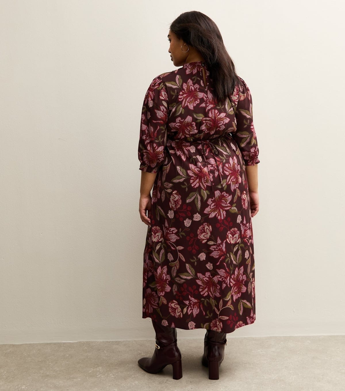 New Look Women's Plus Size Burgundy Floral Cropped Sleeve Midi Dress Curves New Look - 4