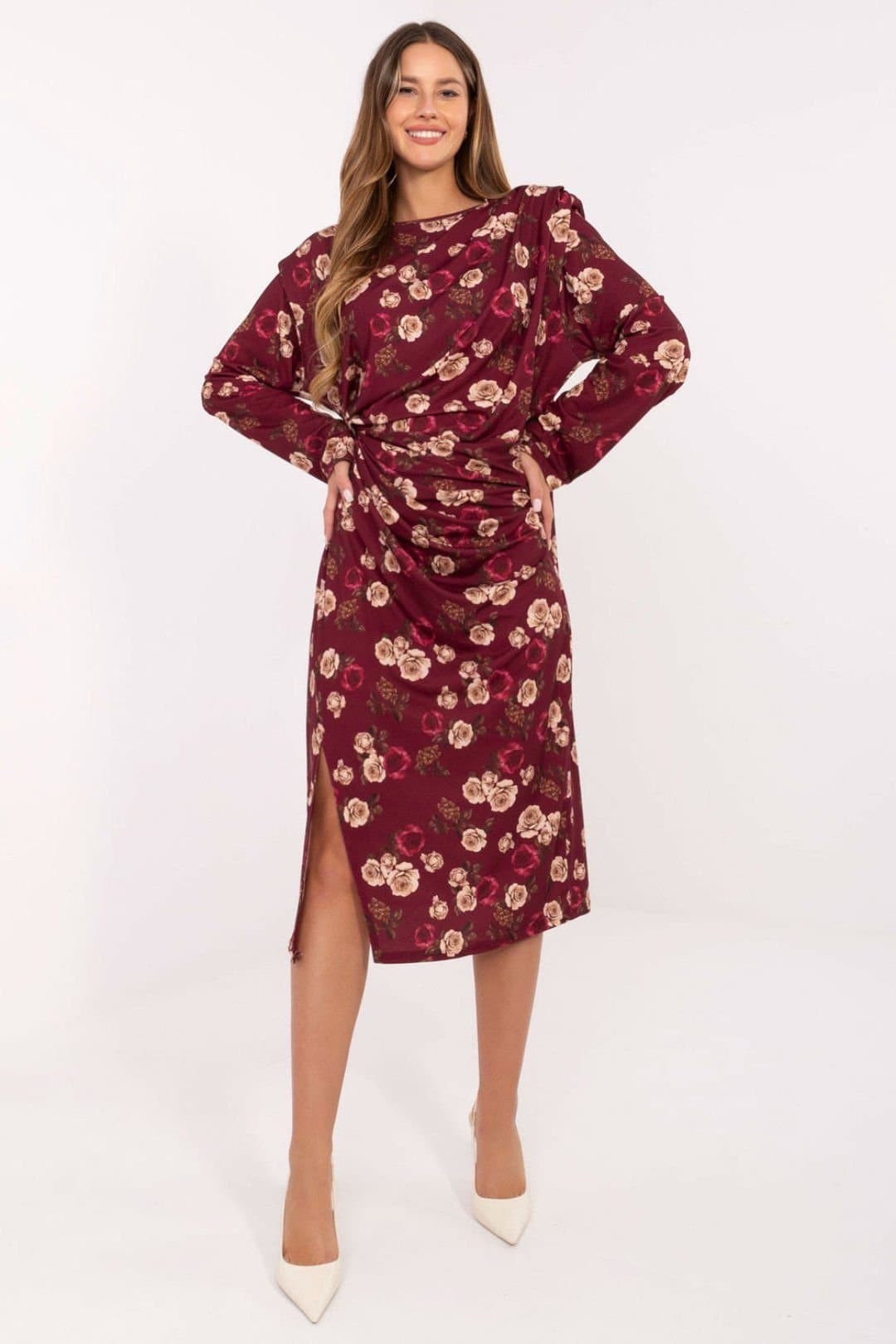 Love Lace Love Lace Women's Floral Midi Dress with Padded Shoulders in Burgundy