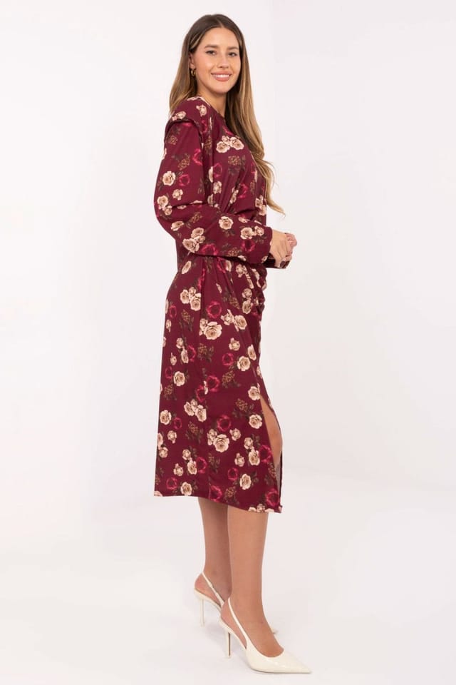 Love Lace Love Lace Women's Floral Midi Dress with Padded Shoulders in Burgundy - 2