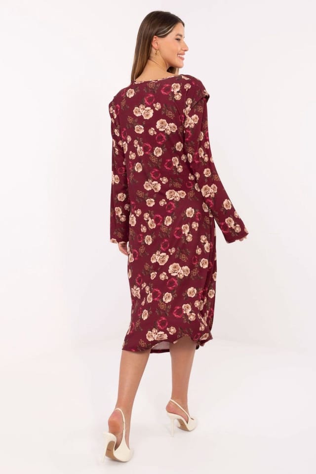 Love Lace Love Lace Women's Floral Midi Dress with Padded Shoulders in Burgundy - 3