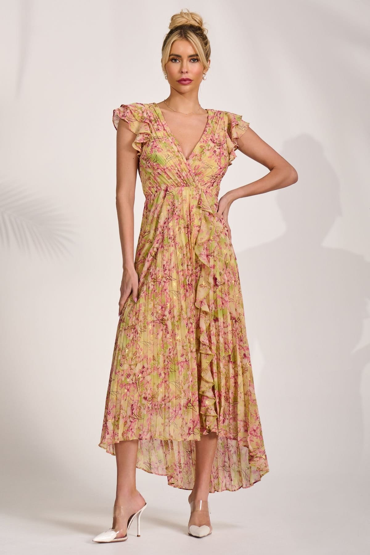 Jolie Moi Jolie Moi Women's Pleated Chiffon Dip Hem Maxi Dress - 4