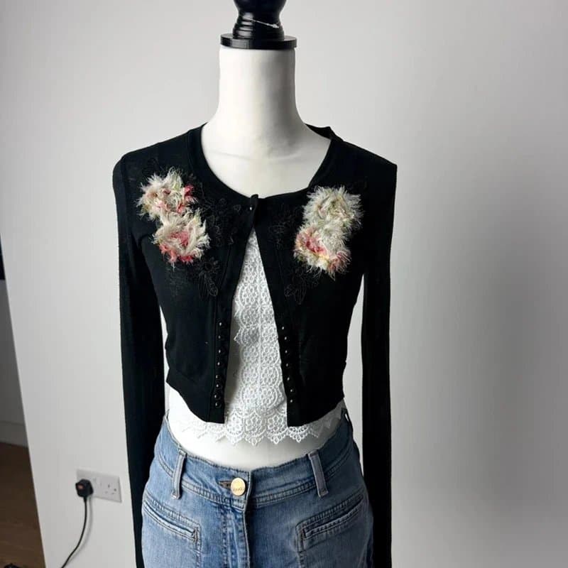 New Look Stunning New Look Black Cropped Cardigan Size 8 Y2K Sheer Embroidered Bolero