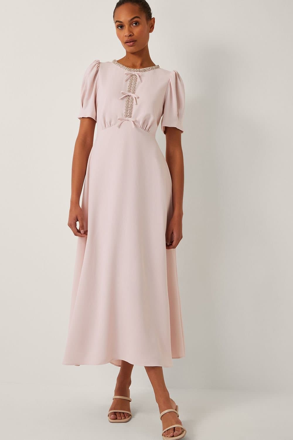 Monsoon Monsoon Women's Bonnie Bow Puff Sleeve Midi Dress Pink