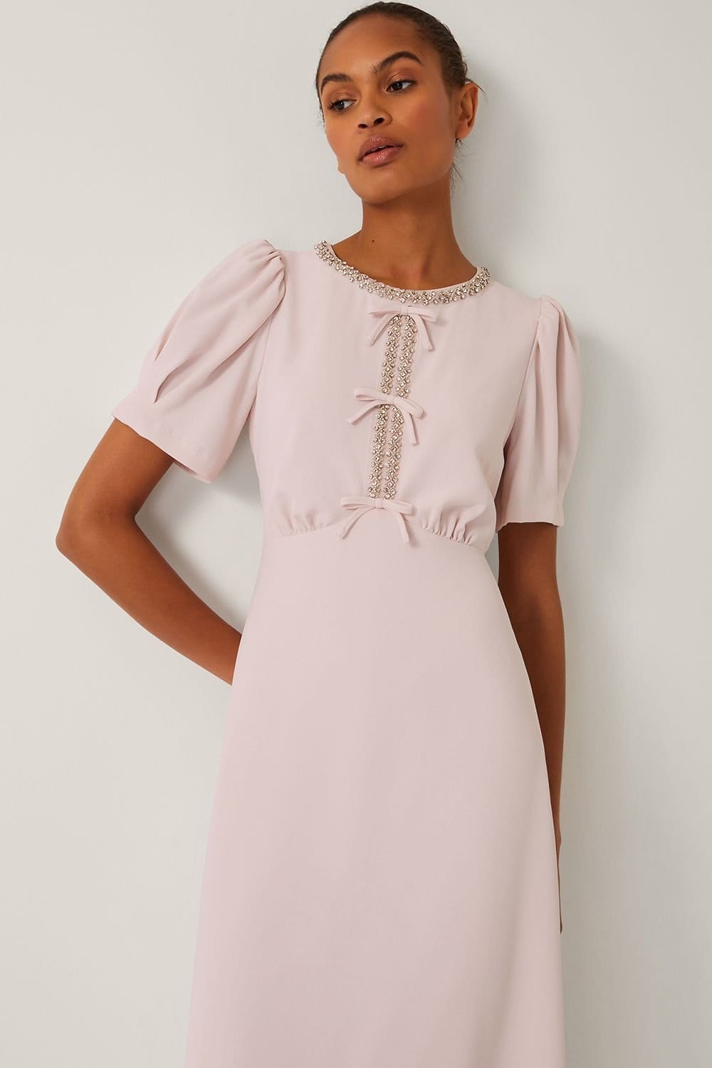 Monsoon Monsoon Women's Bonnie Bow Puff Sleeve Midi Dress Pink - 4