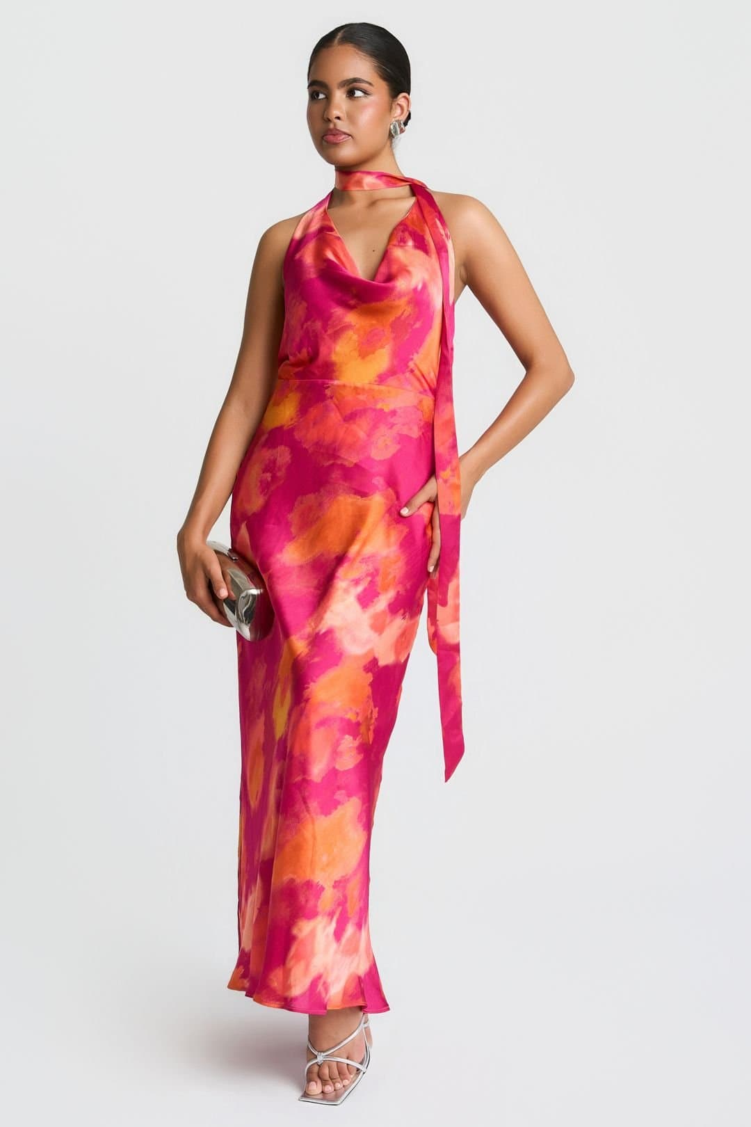 Needs No Label Needs No Label Women's Marble Scarf Neck Maxi Dress in Pink