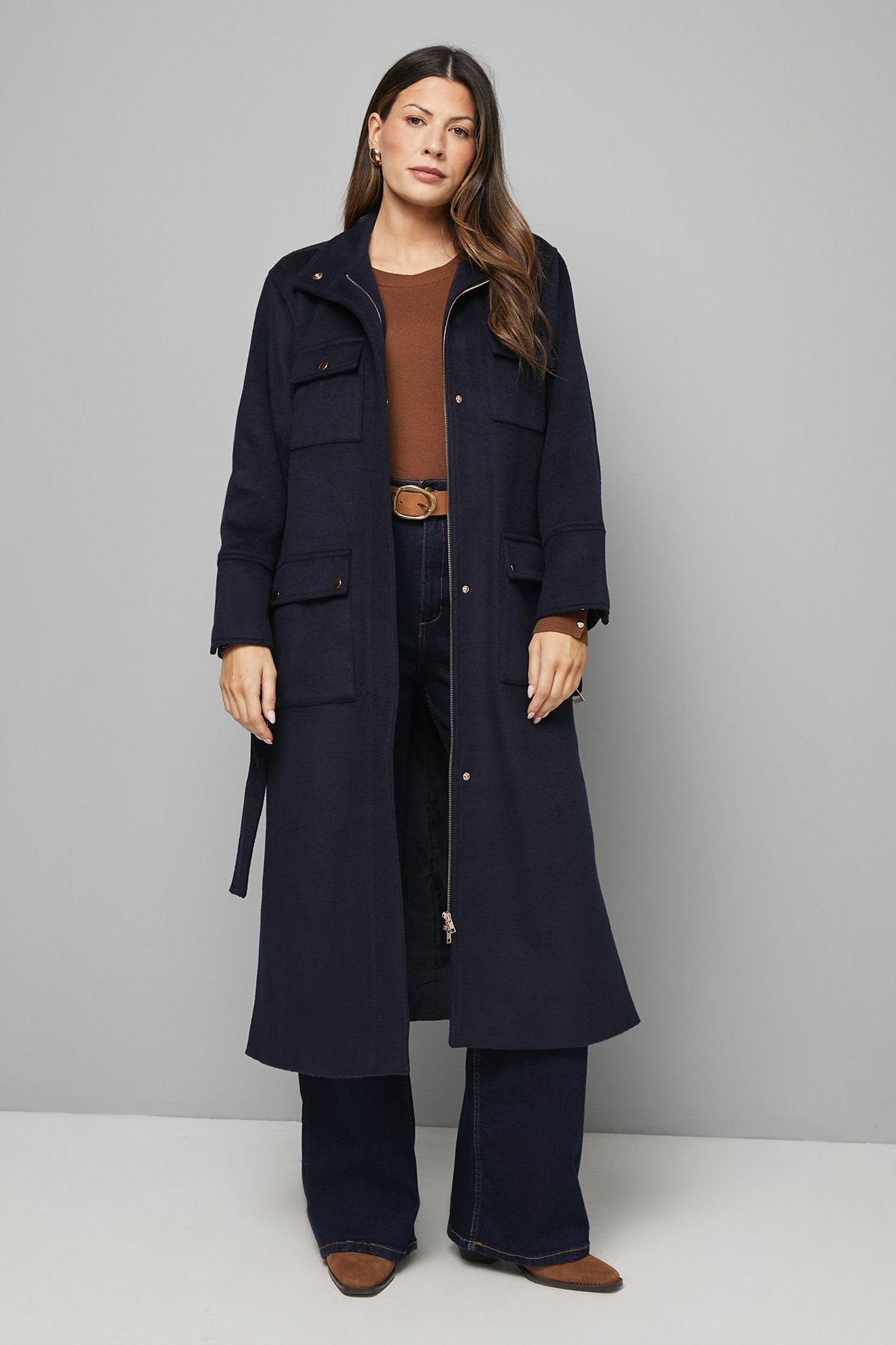 Wallis Wallis Women's Button Down Military Belted Collar Coat in Navy - 2