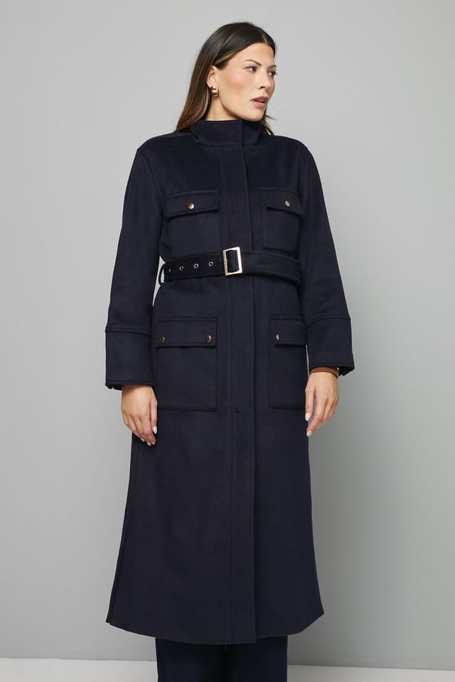 Wallis Wallis Women's Button Down Military Belted Collar Coat in Navy - 2