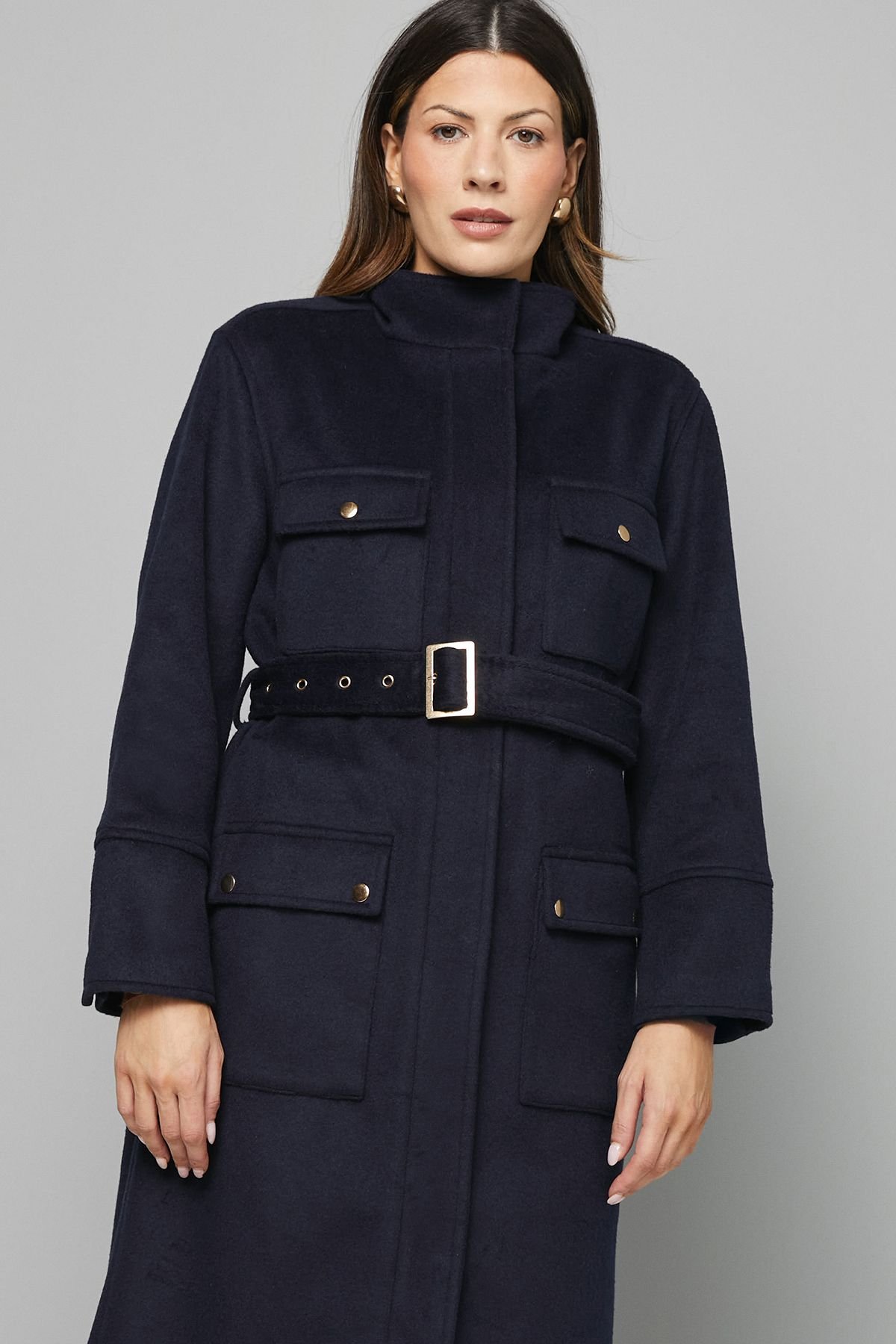 Wallis Wallis Women's Button Down Military Belted Collar Coat in Navy - 4