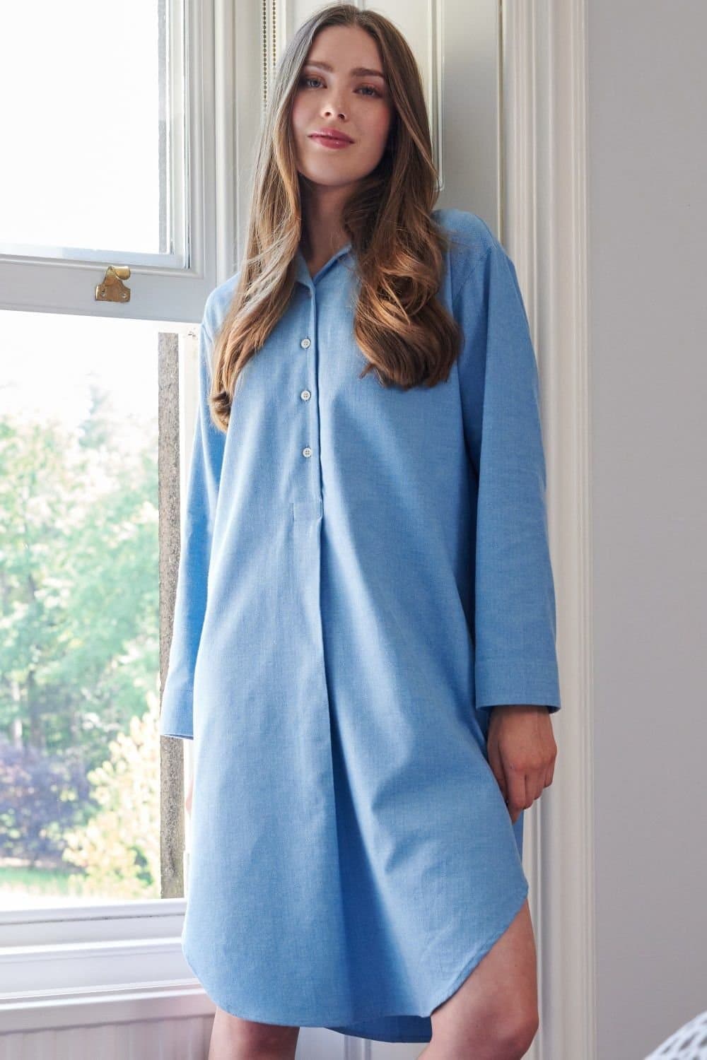 British Boxers British Boxers Women's "Sky Blue Herringbone" Brushed Cotton Nightshirt in Light Blue